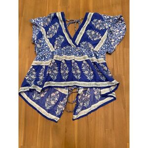 Blue Rain Floral V-Neck Tie Back Peplum Top Blue XXS Boho Rayon